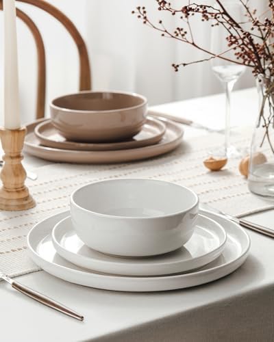 Famiware Milkyway 12-Piece Stoneware Dinnerware Set, White & Cinnamon Brown - Image 3