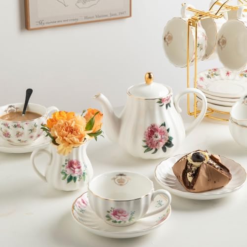 Porcelain Tea Sets British Royal Series, 8 OZ Cups & Saucer Service for 6, with Teapot Sugar Bowl Cream Pitcher Teaspoons and Tea Strainer, Suitable for High Tea, Wedding, Party(Blush Pink) - Image 7