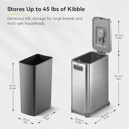EKO 45 lb Airtight Dog Food Storage Container, Stainless Steel Pet Food Container for Kibble, Cat Food & Bird Seed, Lockable Lid, Magnetic Scoop, BPA-Free Inner Bucket, Wheels - Image 2