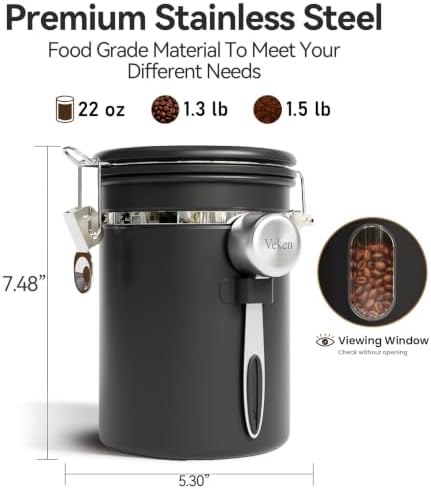 Veken Coffee Canister with Window, Airtight Stainless Steel Container, 22OZ (Pack of 2) - Image 2