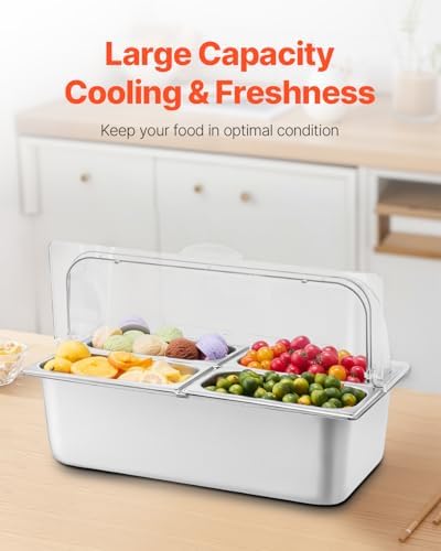 VEVOR Countertop Food Serving Display Container, 4 Pan Stainless Steel Food Serving Tray, Buffet Condiment Dispenser Display Rack with Clear Lid & 3 Freezer Boxes, for Restaurant Hotel Kitchen Party - Image 4