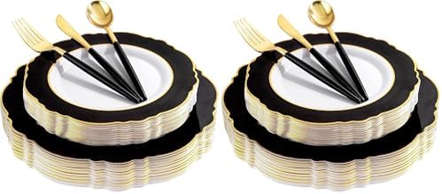 WDF 30Guest Black and Gold Plastic Plates - New Year Plates - Gold Plastic Silverware With Black Handle Baroque Black and Gold Disposable Dinnerware for New Year &Parties (Pack of 2) by WDF