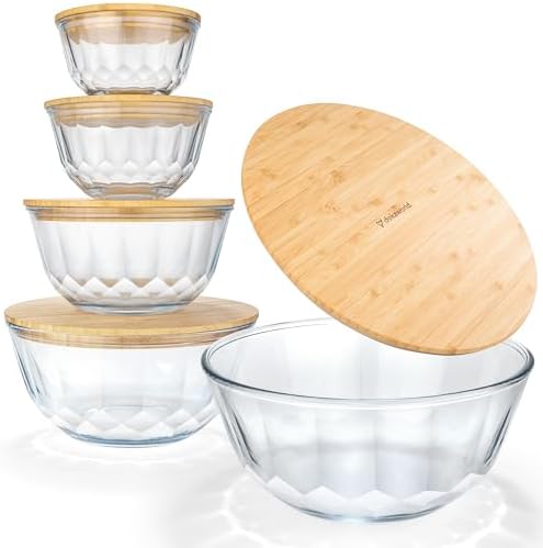 Large Stackable Glass Mixing Bowls with Bamboo Lids Set of 5 by Dokaworld