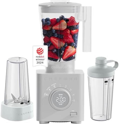 Chefman Obliterator 48 oz Countertop Blender for Smoothies, 1380W Motor to Crush Ice, Nuts, and Frozen Fruit with Stainless Steel Blade, Blender Pack Includes Two 20 oz. Travel Jars - Concrete by Chefman