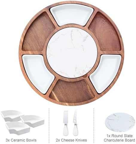 360° Rotating Lazy Susan Cheese & Charcuterie Board Set - 13.5" Acacia with Built-in Slate Chiller, 3 Ceramic Bowls & 2 Cheese Knives - Housewarming, Birthday & Wedding Gift - Image 4