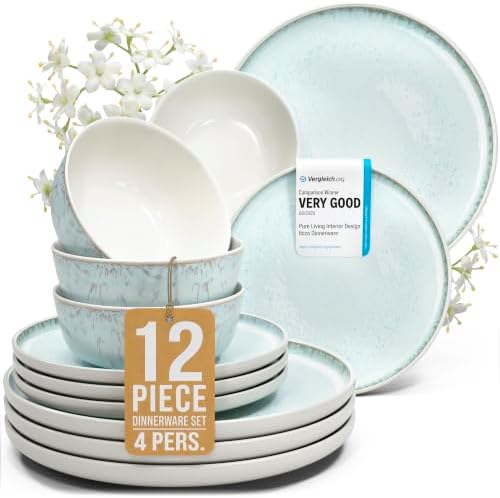12 Piece Stoneware Dinnerware Set for 4, Handcrafted Plates and Bowls Set by PURELIVING