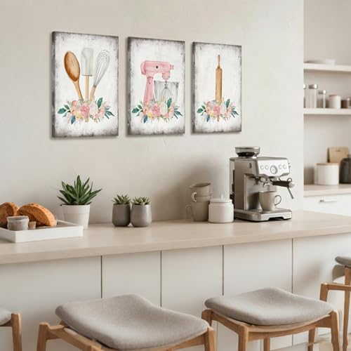 Doqueodas 3pcs Farmhouse Pink Floral Baking Theme Canvas Wall Art 12x16inch - Image 6