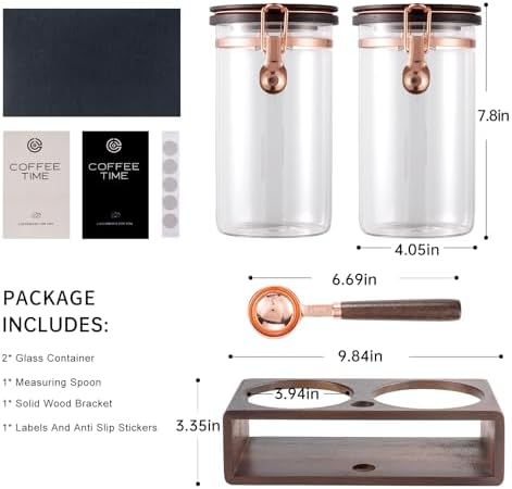 Glass Coffee & Sugar Canister Set, 2×45OZ Airtight Glass Storage Jars with Wooden Shelf and Scoop, Airtight Food Containers for Coffee Beans, Ground Coffee, Sugar and Tea（Rose Gold） - Image 2