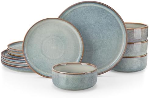 vancasso PLAYA Plates and Bowls Sets, 12 Pieces Light-Blue Dinnerware Sets for Kitchen, Reactive Glaze Dishes Set for 4, Dishwasher and Microwave Safe by vancasso