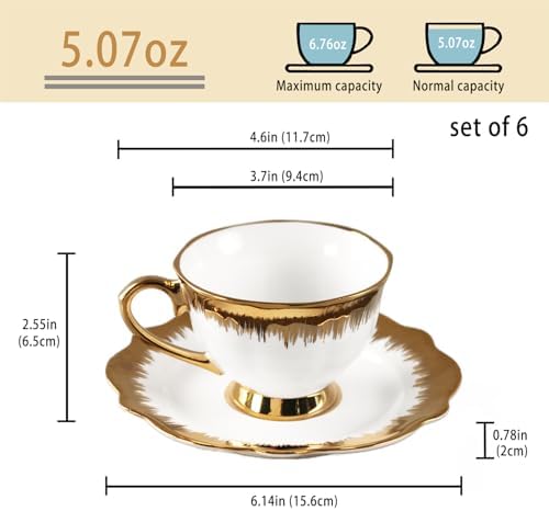 Coffee Mugs Set, 5.0 oz Ceramic Tea Cup with saucer, Espresso Cups 6-piece Rose Tea Cups and Saucers, Stackable Cups, for Latte, Cappuccino, Mocha, Cocoa (Golden) - Image 2