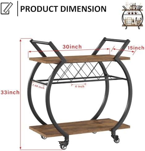 LVB Industrial Bar Cart, Beverage Serving Cart with Wheels, Rustic Brown - Image 2