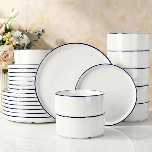 Famiware Porcelain 24-Piece Dinnerware Set, White with Blue Trim by Famiware