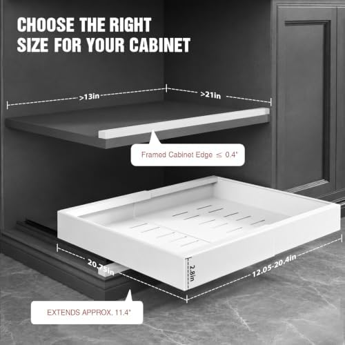 Seinloes 4 Pack Expandable Pull Out Cabinet Organizer 21"Deep With Raising Pad for Framed Cabinets,Upgrade 3 Slide Rails Slide Out Drawers,No Drill Roll Out Shelves,Adjustable Width 12.1"-20.4" White - Image 3