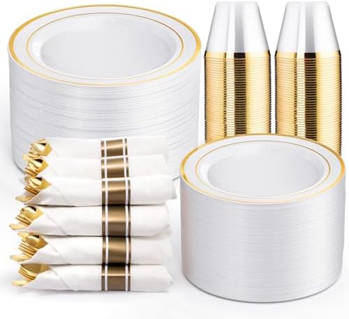 WELLIFE 350Pcs Gold Plastic Plates for 50 Guests - Plastic Dinnerware Set, Includes 100 Party Plates,150 Gold Silverware Disposable,50 Napkins,50 Cups,Disposable Plates for Party and Wedding by WELLIFE