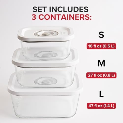 Chef Preserve Glass Vacuum Seal Containers for Food Storage, Made For Compact Vacuum Sealer, 3pcs set [1x Small, 1x Medium, 1x Large] Works With Handheld Vacuum Sealer Machine - Image 2
