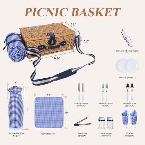 Wicker Picnic Basket for 2, Blanket & Wine Pouch, 16.6" Blue - Image 5