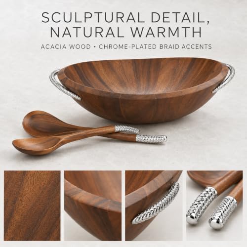 nambe Braid Salad Bowl with Servers | 3-Piece Set | Large Wooden Serving Bowl for Caesar Salad, Large Salads | Big Salad Bowl with Serving Utensils | Made of Chrome & Acacia Wood (20” L x 16” W) - Image 3