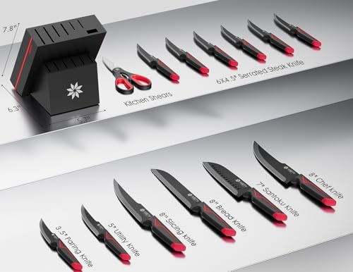 ASETY Knife Set with Block, 15 PCS Kitchen knife Set, Dishwasher Safe, Red - Image 2