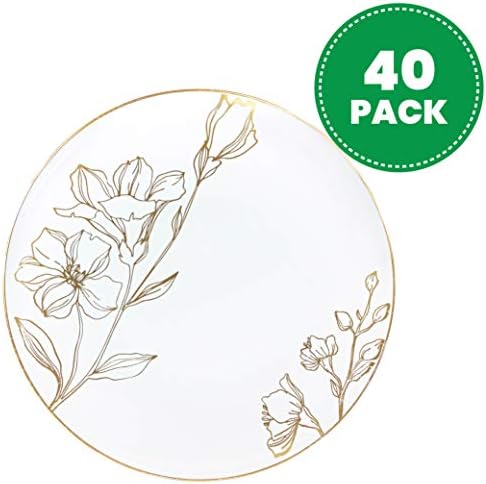 [9'' Plates 40 Count] White Plastic Floral Design Party Dinner Plates With Gold Rim Premium heavyweight Elegant Disposable Tableware Dishes - Image 2
