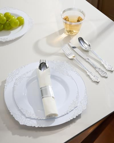 Goodluck 350 Piece Silver Plastic Dinnerware Set for 50 Guests - Image 5