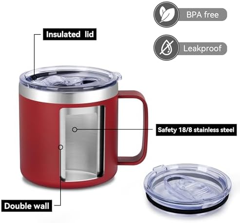 VEGOND 14 oz Insulated Coffee Mug Bulk with Handle, Stainless Steel Travel Coffee Mug with Lid, Double Wall Vacuum Metal Coffee Cup, Coffee Tumbler Powder Coated, Red 4 Pack - Image 4