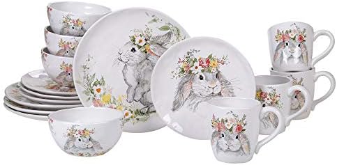 Sweet Bunny 16pc DINNERWARE SET for 4, Ceramic Easter Bunny Plates and Bowls Set, Spring Tabletop Collection, Durable Glazed Finish, Dishwasher Safe, Re-Mailer Packaging by CERTIFIEDINTERNATIONAL