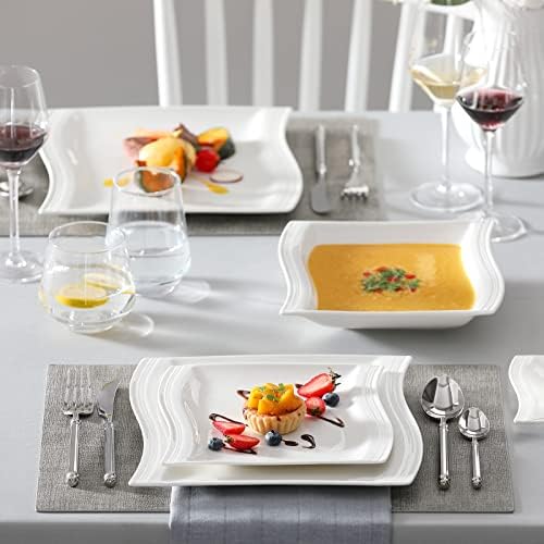 MALACASA Ivory White Dinnerware Sets, 30-Piece Porcelain Plates and Bowls Sets, Modern Dish Set for 6, Square Plates Dinnerware Set Kitchen Dishware Sets, Microwave and Dishwasher Safe, Series Flora - Image 5