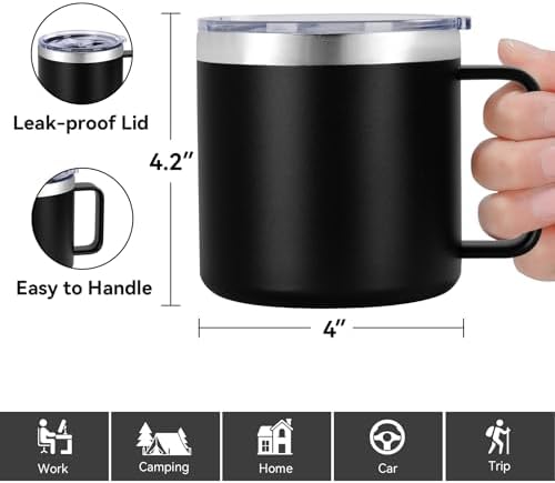 VEGOND 14 oz Insulated Coffee Mug with Handle, Stainless Steel Travel Coffee Mug with Lid, Double Wall Vacuum Metal Coffee Cup, Coffee Tumbler Powder Coated, Black 1 Pack - Image 3