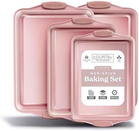 Country Kitchen Nonstick Stackable Bakeware Set - Heavy Duty, Durable, Easy Release Baking Set, Pink, 4 Pcs by CountryKitchen