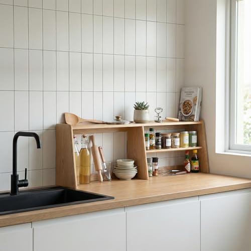 YESWOOD 100% Solid Rubberwood Kitchen Counter Hutch Shelf, Fully Assembled Countertop Organizer Storage Rack, Buffet Hutch Shelf with Trapezoid Structure for Kitchen & Dining Room (Natural, 47.7'') - Image 6