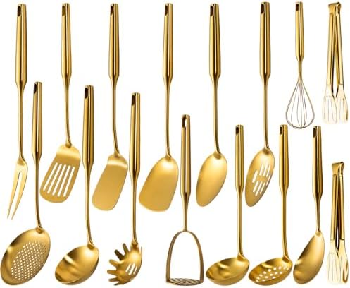 304 Stainless Steel Small and Large Spoons Set, Gold Cooking Utensils Set 16 PCS All Metal Kitchen Tools, Serving Utensils - Masher，Whisk, Fork, Tongs, Turner, Ladle, Spatula，Skimmer, Pasta by Unknown