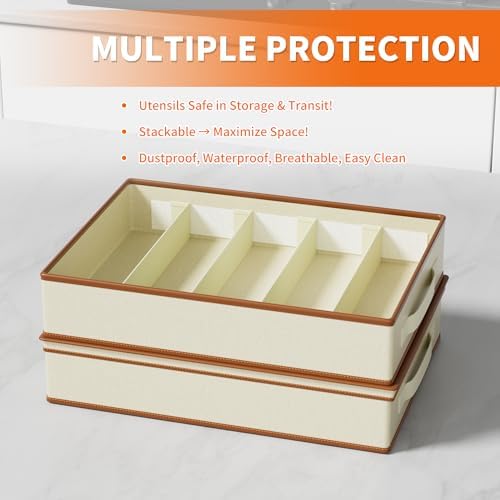 2-Pack Flatware Storage Box, Silverware Organizer with Clear Lid, Ivory - Image 3