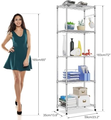 Homdox 5 Tier Steel Wire Shelving Unit on Wheels,Chrome Shelves for Garage Kitchen Living Room,Heavy Duty Shelving Rack, 23.2 x 13.8 x 72 inch (L x W x H) - Image 3