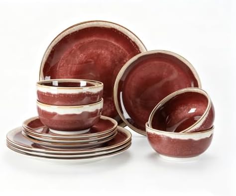 Sweejar 12 Pieces Ceramic Dinnerware Sets for 4, Burgundy Red by Sweejarco1949