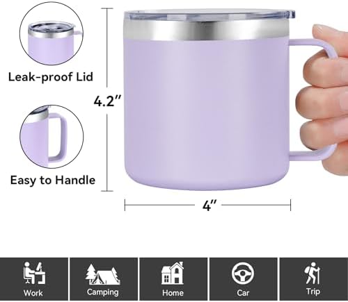 VEGOND 14 oz Insulated Coffee Mug Bulk with Handle, Stainless Steel Travel Coffee Mug with Lid, Double Wall Vacuum Metal Coffee Cup, Coffee Tumbler Powder Coated, Purple 8 Pack - Image 3