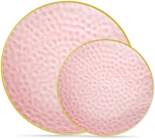 PLASTICPRO 64 Piece Combo Plates Set includes 32-7'' inch Plates & 32-10'' inch Plate Pink Hammered Plastic Party Plate Premium heavyweight Elegant, Disposable, Tableware, Dishes, by PLASTICPRO