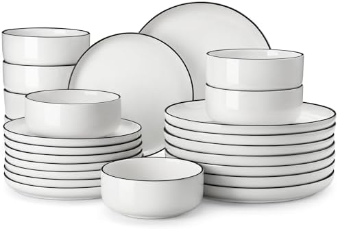 MALACASA Plates and Bowls Sets, 24 Pieces Modern Porcelain Dinnerware Set for 8 White Kitchen Dinner Dining Ware Set wtih Black Rim Ceramic Dishware Dishes Microwave and Dishwasher Safe, Series LUNA by MALACASA