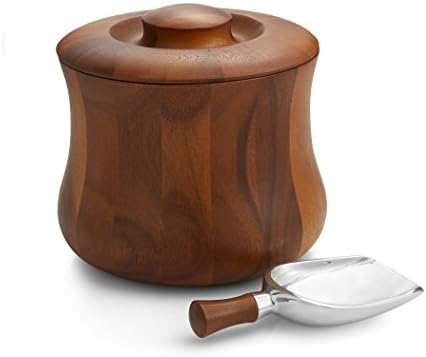 nambe Nara Ice Bucket with Scoop and Lid to Keep Cool, Acacia Wood Wine Holder with Plastic Insert, Cooler for Parties, Bar Cart Accessory, 8.5-Inch, Designed by Sean O’Hara by Unknown