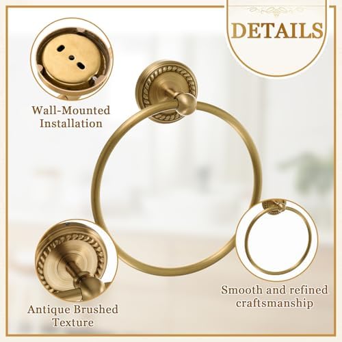 4 Pcs Antique Brass Gold Bathroom Accessories Set Wall-Mounted Adjustable Towel Rack & Round Towel Ring & Toilet Paper Holder & Robe Hook, Wall Mounted Brass Vintage Bath Hardware Set - Image 3