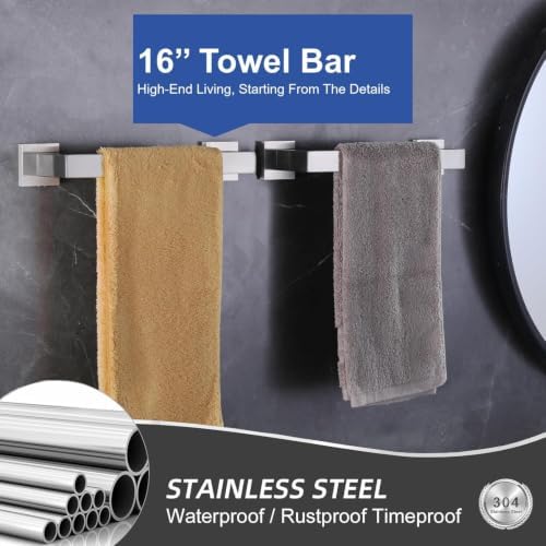 5-Pieces Bathroom Hardware Set Brushed Nickel Bathroom Accessories Set SUS304 Towel Bar Set Includes 1 Towel Bar 16 Inch+1 Towel Holder+1 Toilet Paper Holder+2 Towel Hooks (5, Brushed Nickel, 16 Inch) - Image 4