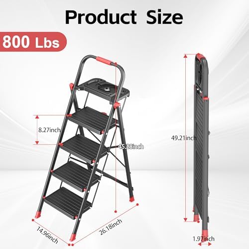 4 Step Foldable Step Ladder with Mutifunctional Tool Tray, Platform Ladders Stepstools, Step Stool 4 Step Folding with Non-Slip Pedals, 800lbs Bearing Capacity for Adults, Home, Kitchen, Black Red - Image 6