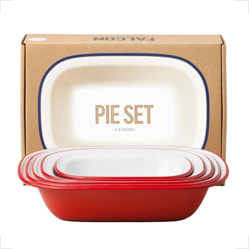 Falcon Enamelware Pie Set, 5 Piece Serving Set, 8"-12" White with Blue Rim by FalconEnamelware