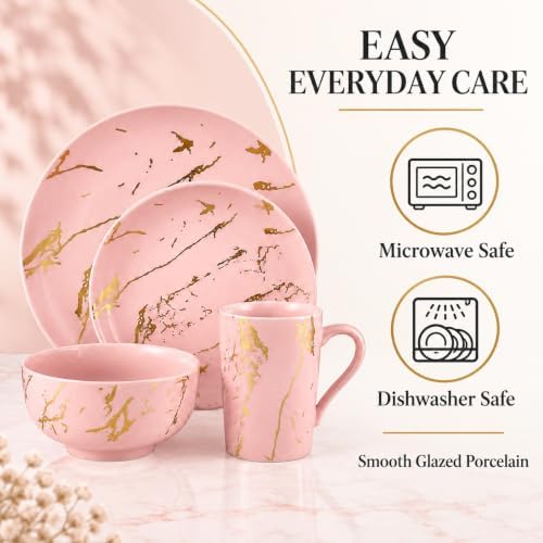 Pink Dinnerware Set for 4, 16-Piece Porcelain, Gold Marble - Image 6