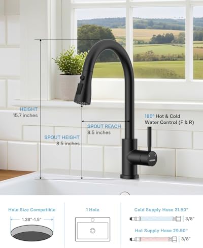 WEWE Pull-Down Kitchen Faucet with Soap Dispenser Set, Matte Black - Image 2