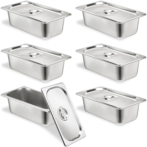 6 Pack Hotel Pans 1/3 Size 4" Deep Stainless Steel Steam Table Pan w/Lids by TSUBOR