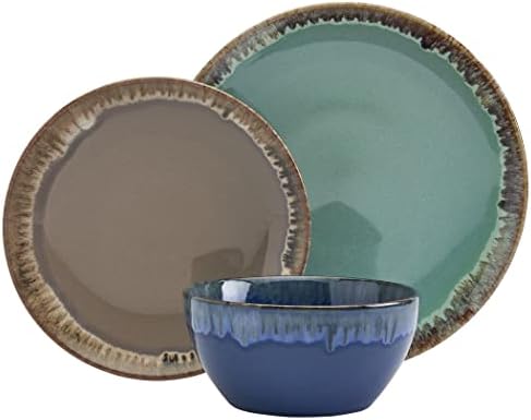 Tabletops Gallery Tuscan Collection Reactive Glaze 12 Piece Stoneware Dinnerware Set Dining Kitchen Tableware Plates Bowls Service for 4, Blue Teal Green Brown by TabletopsGallery