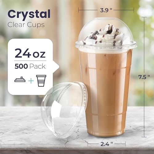 Fit Meal Prep 500 Pack 24 oz Clear Plastic Cups with Dome Lids Disposable Iced Coffee Cup for Tea, Juice, Smoothie, Boba, Milkshake, Other Cold Drink Crack Resistant, Sturdy - Image 2