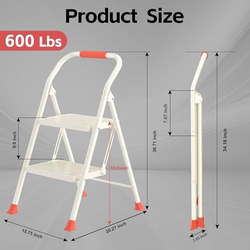 Step Ladder Foldable Folding Stool - for Home Adults Kitchen 2 Stepping Extension Tall Heavy Duty with Handrails - Closet Stepstool Stair Ladders Extendable Stepladder for Indoor House 600Lbs - Image 6