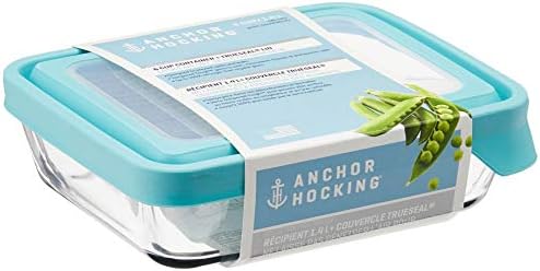 Anchor Hocking TrueSeal Glass Food Storage Containers with Mineral Blue Airtight Lids, 6 Cup Capacity (48 Oz), Rectangle, Pack of 4 by AnchorHocking
