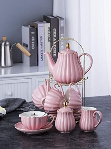 Jusalpha Fine China Pink Coffee Cup/Teacup Set, 7 OZ Cups& Saucer Service for 4, with Teapot-Sugar Bowl-Cream Pitcher Teaspoons and tea strainer for Tea/Coffee, 17-Pieces (TW Full set) - Image 6
